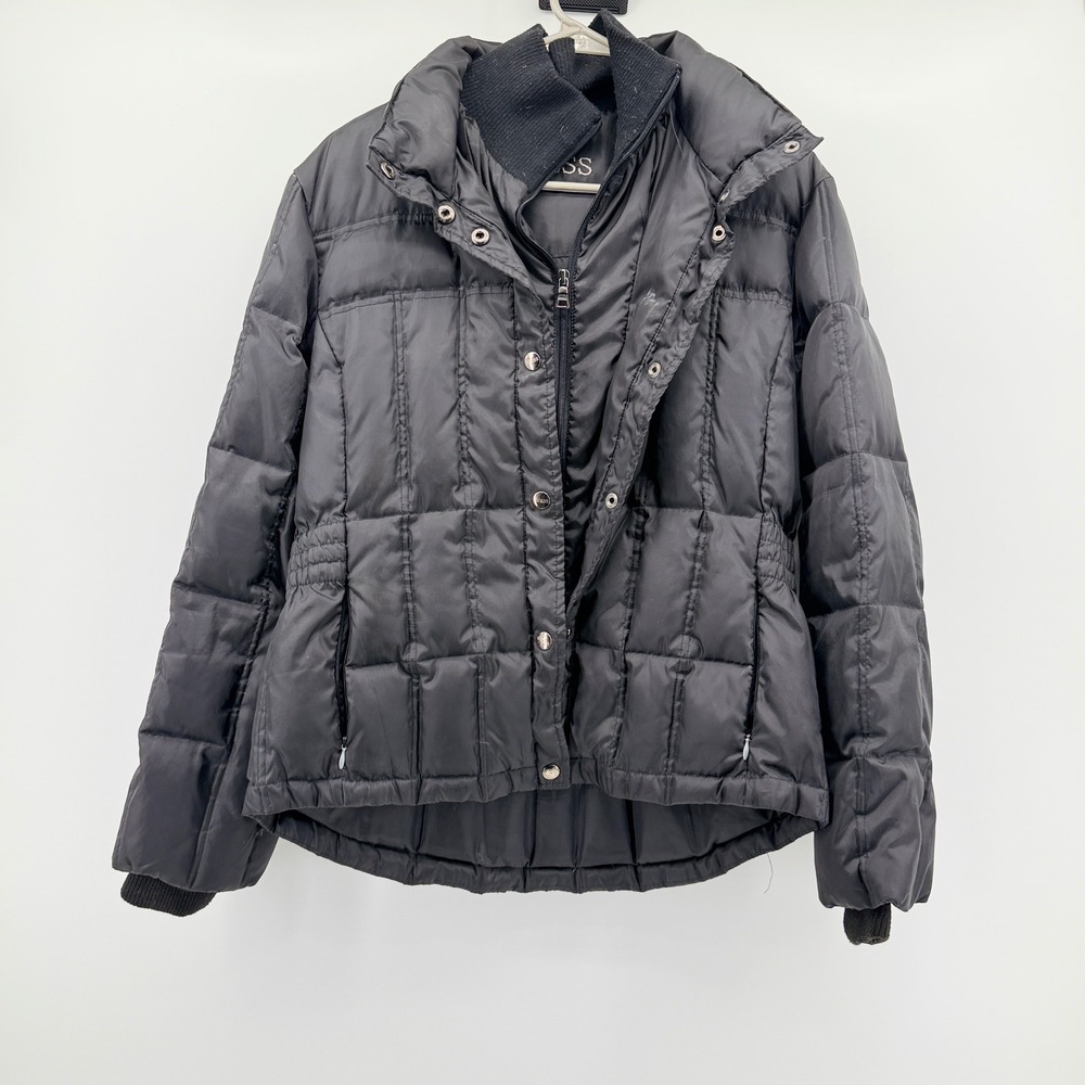 Guess Womens Black Down Feather Puffer Jacket Coat T361255 Snap Zip Front Pocket